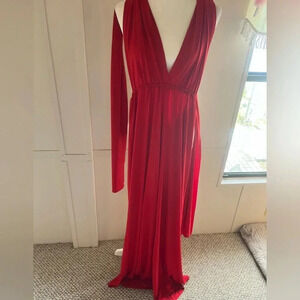 Palazzo jumpsuit wide leg low front long red